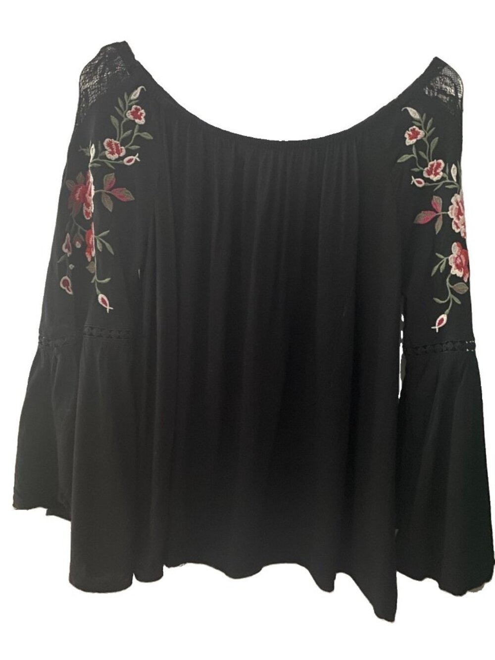 Umgee Top Black Lace Red Embroidery Boho Large Off Shoulder Romantic Festival
